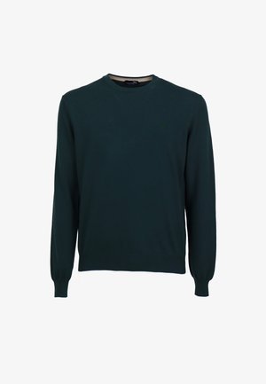 Tmavozelený sveter s dlhým rukávom a okrúhlym výstrihom, so žebrovanými manžetami a lemom, s malým vyšívaným logom na ľavej strane hrude.