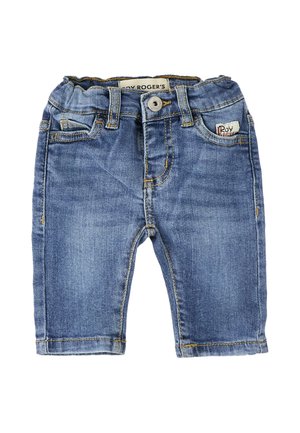 Pantaloni di jeans blu per bambini piccoli con vita elastica, bottone frontale, passanti per cintura e piccole tasche frontali su sfondo bianco.
