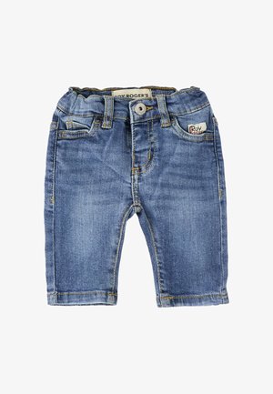 Pantaloni di jeans blu per bambini piccoli con vita elastica, bottone frontale, passanti per cintura e piccole tasche frontali su sfondo bianco.