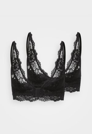 Black lace bralette featuring a V-neck design, adjustable straps, scalloped edges, and a hook closure at the back. Soft texture.