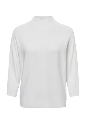 Weißer Strickpullover mit hohem Kragen, überschnittenen Schultern und Dreiviertelärmeln. Rippstruktur und seitliche Details verleihen subtile Designelemente.
