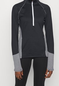 Black athletic top with a quarter zip, grey side panels, and long sleeves featuring thumbholes, made from a smooth, stretchy fabric.