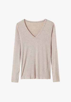Haut à manches longues, col en V de couleur beige clair. Fabriqué en tissu doux et texturé avec une coupe décontractée et des détails de couture minimaux.