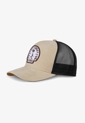 Beige cap with a suede front and black mesh back. Features a round patch labeled "Lazy Sunday Club" with graphic details. Curved visor.