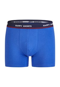 Blue cotton boxer shorts with a navy waistband featuring "HAPPY SHORTS" in white and red accents. Smooth texture, fitted design.