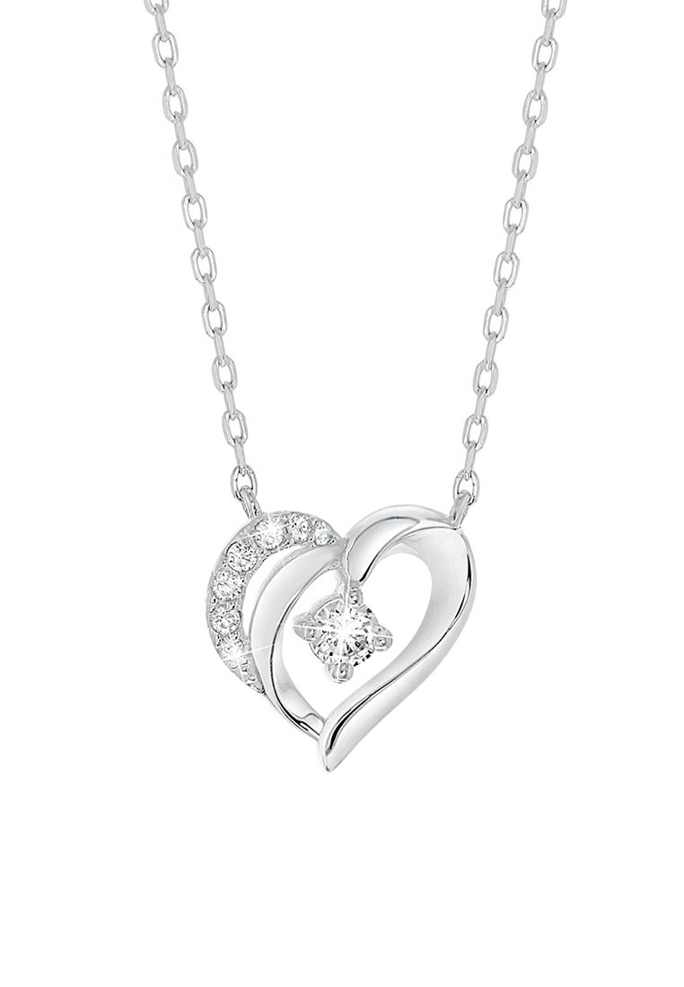 Zilveren hartvormige hanger ketting met een rhinestone accent en een kleine centrale edelsteen, met een gekoppeld schakels ontwerp.