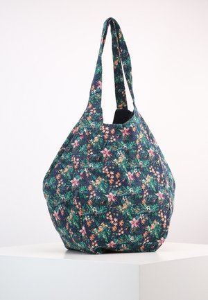 Tas met bloemenpatroon in groen, roze en oranje op een donkere achtergrond, rechtopstaand met dubbele schouderbanden.