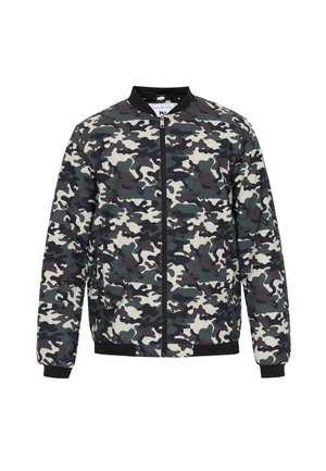 Kamo-haarnjakki vihreides, mustades ja kreemivärvides; sisaldab lukuga sulgemist, soonikkohta kaeluses, varrukates ja alumises servas; kerge kangas.