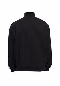 Pull-over noir à manches longues avec col montant côtelé, poignets et ourlet, présenté de dos sur fond blanc.