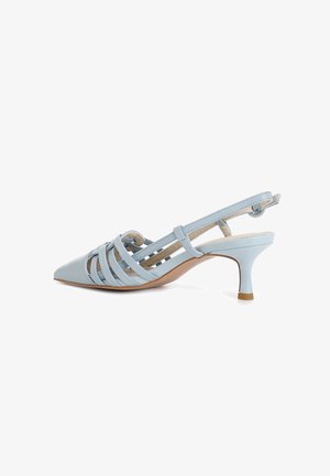 Light blue, pointed-toe slingback shoe with a multi-strapped design and a slender heel. Smooth texture with a contrasting beige interior.