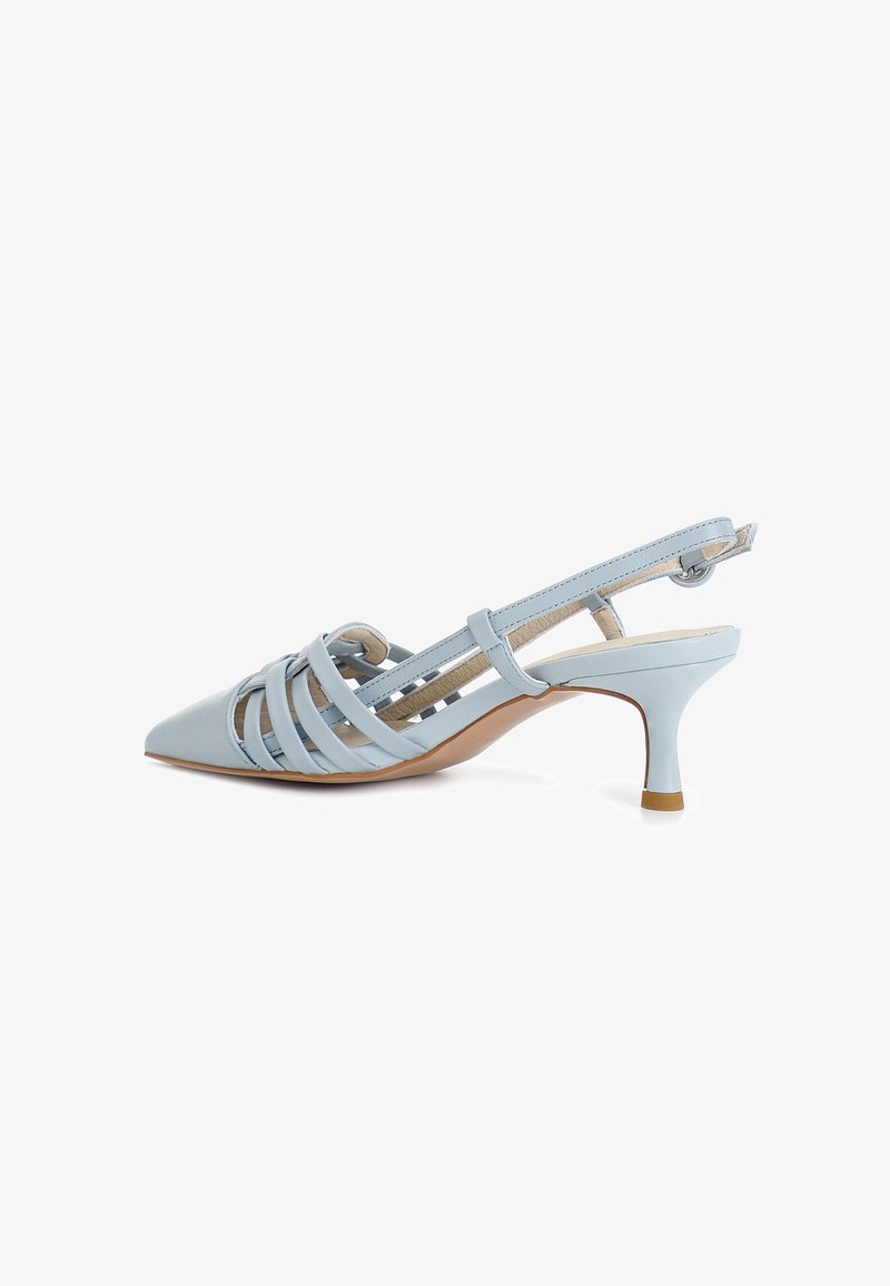 Light blue, pointed-toe slingback shoe with a multi-strapped design and a slender heel. Smooth texture with a contrasting beige interior.