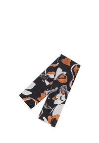 Sciarpa nera con motivo floreale astratto in tonalità di grigio e arancio. Tessuto leggero con bordi sfrangiati. Forma lunga e rettangolare.