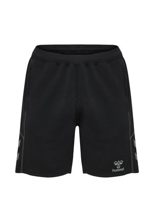Schwarze Sportshorts mit elastischem Bund, seitlichen Chevron-Streifen und Hummel-Logo am unteren linken Bein.