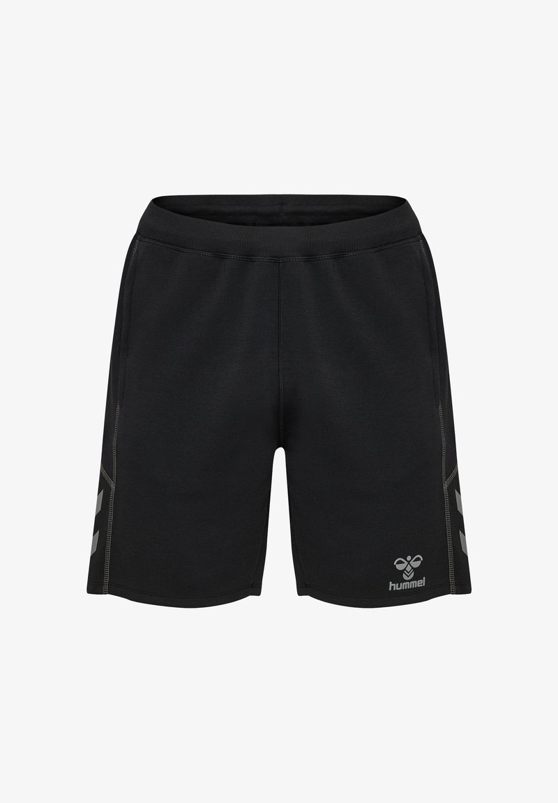 Sorte sportsshorts med elastisk talje, side-chevronstriber og hummel-logo på venstre nederste ben.
