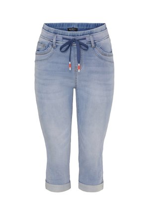 Lyseblå afkortede denimbukser med opsmøgede kanter, forlommer, bæltestropper og en navy snøre i den elastiske talje.