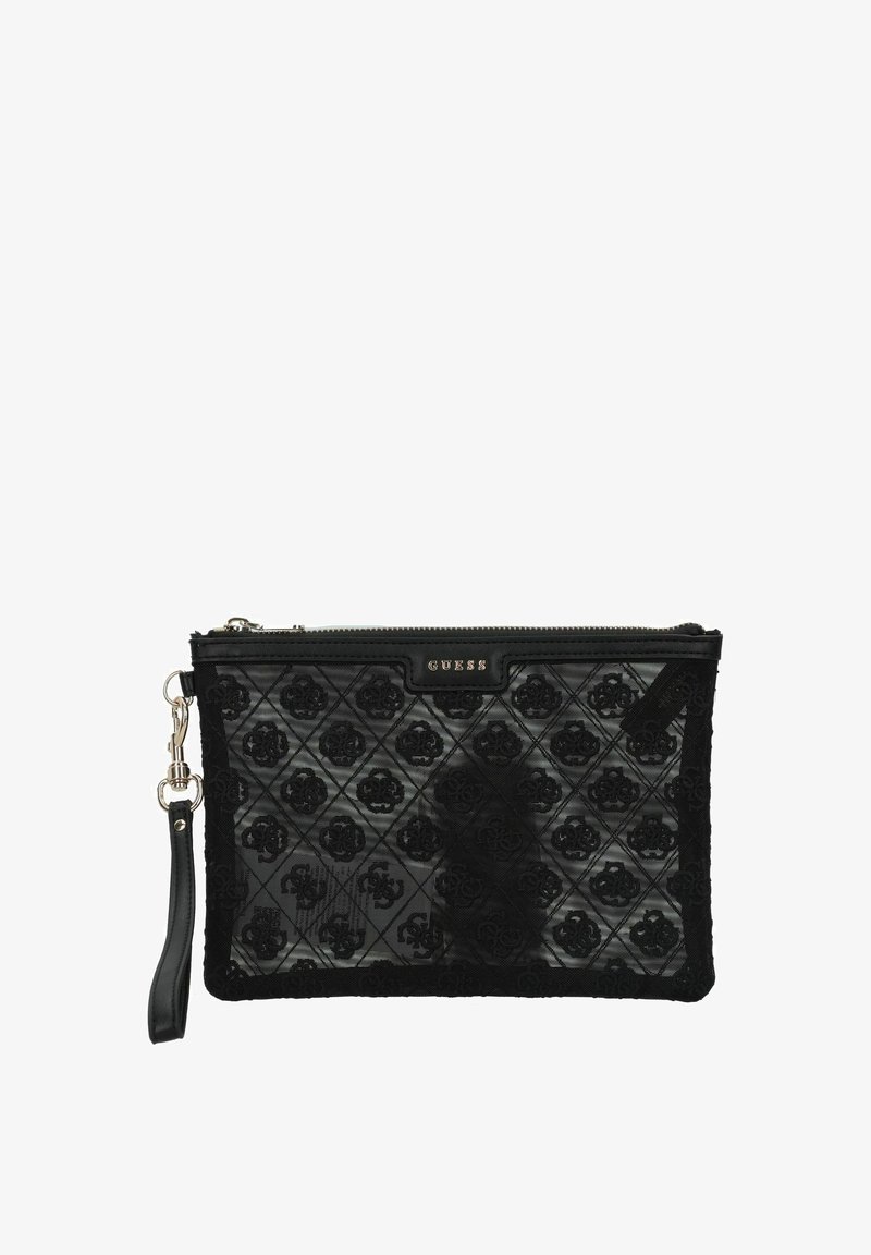 Clutch acolchado negro hecho de tela, con patrones de rosas, cierre con cremallera y una correa de muñeca desmontable con hardware en tono plateado.