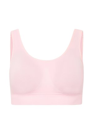 Weicher, nahtloser Sport-BH in zartem Rosa mit breiten Schulterträgern und einem runden Ausschnitt, entworfen für Komfort und Halt.