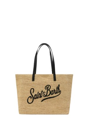 Borsa tote beige intrecciata con scritta nera "Saint Barth" e due manici neri su sfondo bianco.