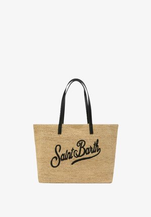 Borsa tote beige intrecciata con scritta nera "Saint Barth" e due manici neri su sfondo bianco.