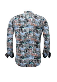 Langsleeve shirt van een lichtgewicht stof met een kleurrijk stedelijk patroon. Kleuren zijn blauw, oranje en groen. Klassieke kraag en manchetten.