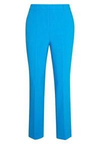 Jasnoniebieskie spodnie o kroju prostym z zaznaczeniem przodu, z paskiem, szlufkami na pasek oraz ukrytym zapięciem z przodu.