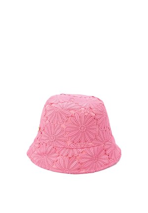 Pink bucket hat with a floral lace design featuring large daisy patterns covering the entire surface.
