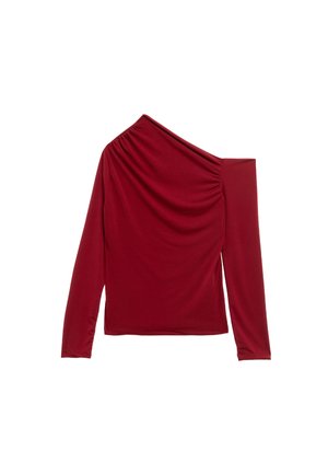 Rotes Langarmoberteil aus elastischem Material, mit einem Schulterdesign und gerüschter Textur an der Vorderseite sowie einer taillierten Silhouette.