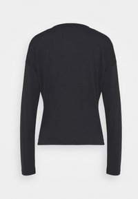 Black long-sleeve t-shirt with a relaxed fit, featuring a round neckline and smooth texture. No visible patterns or accents.