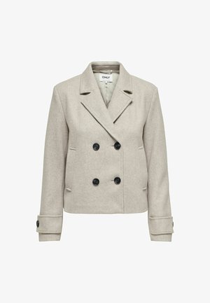 Abrigo de lana gris claro de doble botonadura con solapas, botones negros, bolsillos laterales y puños estructurados. Textura suave, diseño moderno.