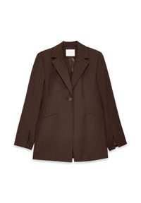 Brauner Blazer aus strukturiertem Stoff mit einem einzelnen Knopf, Reverskragen und zwei frontalen Taschen. Das Design ist tailliert und mit geraden Linien gestaltet.