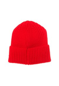 Berretto lavorato a maglia rosso con texture a coste e orlo ripiegato. Presenta un motivo di cucitura verticale sulla corona. Materiale morbido e elasticizzato.