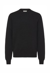 Melns džemperis, izgatavots no teksturētas auduma, ar apaļu kakla izgriezumu un ribotām piedurknēm un apakšmali. Klasisks, vienkāršs dizains bez rakstiem.