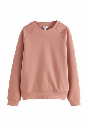 Zachte roze sweatshirt met lange mouwen, V-hals en geribde manchetten en zoom, weergegeven op een witte achtergrond.