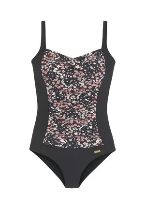 One-piece swimsuit with black sides and a central panel featuring a pink and white floral pattern. Thin shoulder straps and a small gold tag.