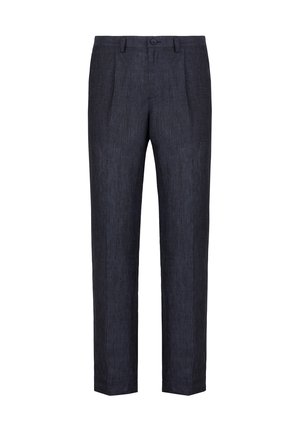 Mörkblå linnebyxor med rak skärning, har en knappstängning och två framveck för extra struktur. Slät textur, minimal detaljering.