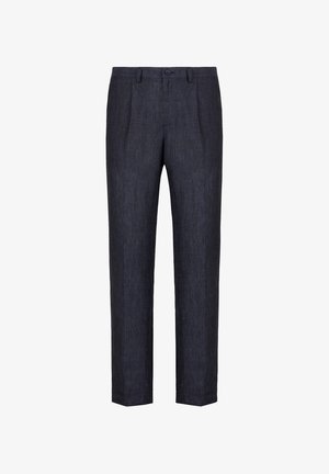 Mörkblå linnebyxor med rak skärning, har en knappstängning och två framveck för extra struktur. Slät textur, minimal detaljering.