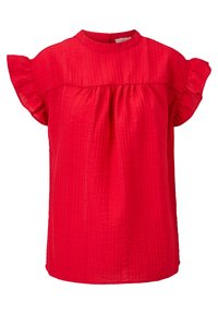 Blusa rossa a maniche corte con dettagli a volants, tessuto texturizzato, scollatura rotonda e arricciature sotto il seno per un fit morbido.