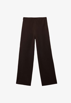 Braune weit geschnittene Hose aus einem weichen Stoff mit einem elastischen Bund, der eine glatte Textur aufweist und keine sichtbaren Muster oder Hardware hat.