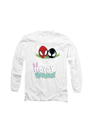Long-sleeve white t-shirt featuring Spider-Man and Venom in a nest with green grass; text "Hoppy Spring!" in playful blue and pink fonts.
