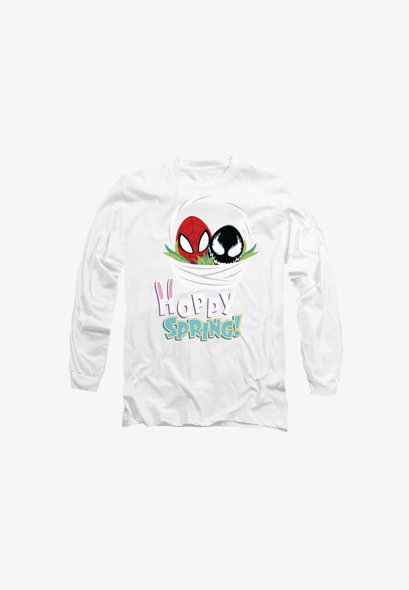 Langärmliges weißes T-Shirt mit Spider-Man und Venom in einem Nest auf grünem Gras; der Text "Hoppy Spring!" in verspielten blauen und rosafarbenen Schriftarten.