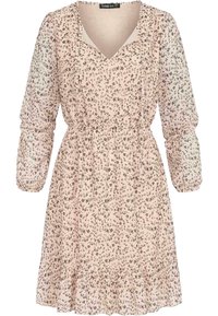 Robe à imprimé floral en tissu rose doux. Dotée d'un col en V, de longues manches bouffantes, d'une taille élastique et d'un ourlet froncé.