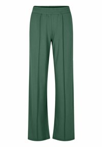 Zielone, luźne spodnie wykonane z gładkiego, elastycznego materiału; mają wysoki, elastyczny pas i subtelne detale szwów bocznych.