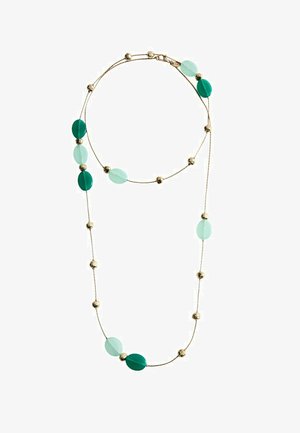 Złoty naszyjnik z naprzemiennie ułożonymi małymi złotymi koralikami oraz dużymi owalnymi koralikami w jasnoniebieskim i zielonkawym kolorze.