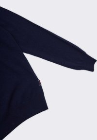 Maglione blu navy realizzato in un morbido tessuto a maglia, con maniche lunghe e un'etichetta sull'orlo. Il design è semplice e classico.