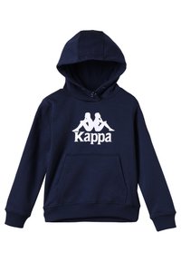 Felpa blu navy in misto cotone, con tasca frontale e logo Kappa bianco con due figure. Include un cappuccio con cordino.