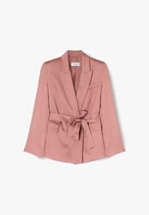 Dämmerrosa Damenblazer mit Satin-Finish, breiten Revers, vorderen Klappentaschen und einem Taillengürtel zum Selbstbinden.