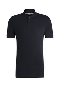 Polo shirt bleu marine en tissu lisse avec des manches courtes, patte de boutonnage à trois boutons et un discret logo sur la poitrine.