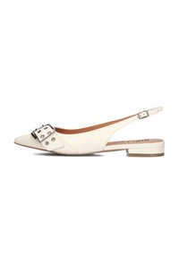 Pointed-toe slingback shoe in cream-colored leather, featuring a large silver buckle and small heel. Smooth texture with tonal stitching.