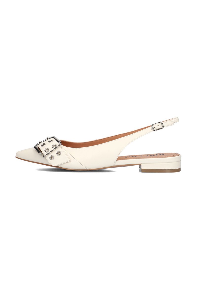 Pointed-toe slingback shoe in cream-colored leather, featuring a large silver buckle and small heel. Smooth texture with tonal stitching.