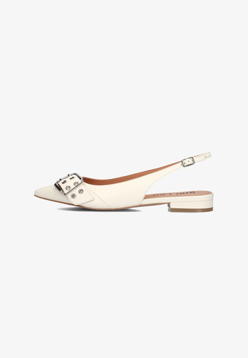 Pointed-toe slingback shoe in cream-colored leather, featuring a large silver buckle and small heel. Smooth texture with tonal stitching.